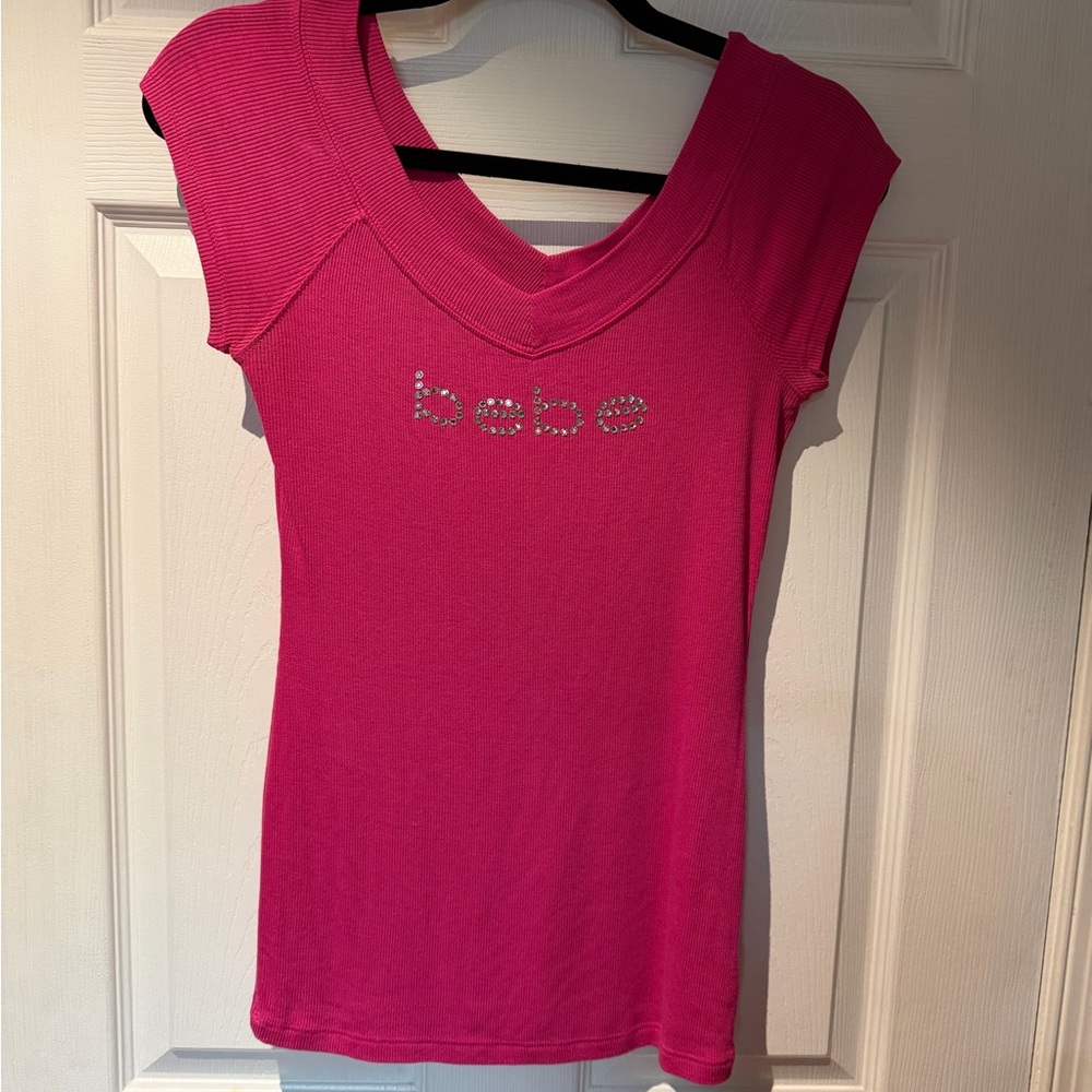 BEBE Hot Pink Rhinestone Logo Cap-Sleeve Top